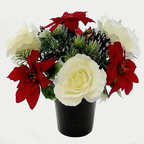 Christmas Cemetary Grave Pot Flower Arrangement - Red & White